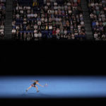 
              Elena Rybakina of Kazakhstan plays a backhand return to Victoria Azarenka of Belarus during their semifinal match at the Australian Open tennis championship in Melbourne, Australia, Thursday, Jan. 26, 2023. (AP Photo/Dita Alangkara)
            