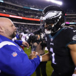 
              New York Giants head coach Brian Daboll, left, talks with Philadelphia Eagles quarterback Jalen Hurts following an NFL football game, Sunday, Jan. 8, 2023, in Philadelphia. The Eagles won 22-16. (AP Photo/Matt Slocum)
            