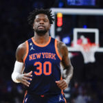 
              New York Knicks' Julius Randle (30) reacts during the first half of an NBA basketball game against the Milwaukee Bucks, Monday, Jan. 9, 2023, in New York. (AP Photo/Frank Franklin II)
            