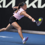 
              Jessica Pegula of the U.S. plays a backhand return to Barbora Krejcikova of the Czech Republic during their fourth round match at the Australian Open tennis championship in Melbourne, Australia, Sunday, Jan. 22, 2023. (AP Photo/Ng Han Guan)
            