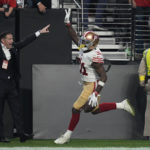 
              San Francisco 49ers safety Tashaun Gipson Sr. (31) celebrates after catching an interception during overtime in an NFL football game between the San Francisco 49ers and Las Vegas Raiders, Sunday, Jan. 1, 2023, in Las Vegas. The 49ers defeated the Raiders 37-34 in overtime. (AP Photo/John Locher)
            