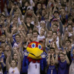 
              Kansas fans cheer during the second half of an NCAA college basketball against Iowa State game Saturday, Jan. 14, 2023, in Lawrence, Kan. Kansas won 62-60 (AP Photo/Charlie Riedel)
            