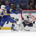 
              Florida Panthers goaltender Sergei Bobrovsky (72) tracks a shot during the second period of an NHL hockey game against the Buffalo Sabres on Monday, Jan. 16, 2023, in Buffalo, N.Y. (AP Photo/Joshua Bessex)
            