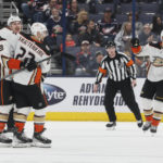 
              Anaheim Ducks' Simon Benoit, left, celebrates his goal against the Columbus Blue Jackets with Kevin Shattenkirk during the second period of an NHL hockey game on Thursday, Jan. 19, 2023, in Columbus, Ohio. (AP Photo/Jay LaPrete)
            