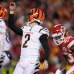 
              Cincinnati Bengals place kicker Evan McPherson (2) watches his field goal against the Kansas City Chiefs during the first half of the NFL AFC Championship playoff football game, Sunday, Jan. 29, 2023, in Kansas City, Mo. (AP Photo/Charlie Riedel)
            