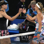 
              Elena Rybakina, left, of Kazakhstan is congratulated by Victoria Azarenka of Belarus following their semifinal match at the Australian Open tennis championship in Melbourne, Australia, Thursday, Jan. 26, 2023. (AP Photo/Ng Han Guan)
            