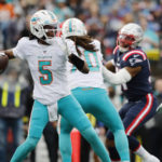 
              Miami Dolphins quarterback Teddy Bridgewater (5) sets to pass against the New England Patriots during the first half of an NFL football game, Sunday, Jan. 1, 2023, in Foxborough, Mass. (AP Photo/Michael Dwyer)
            