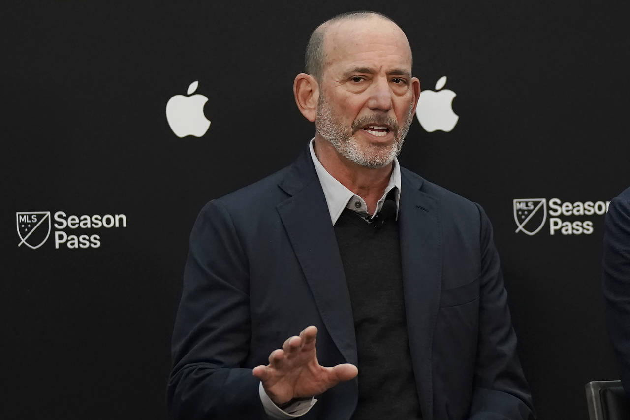 Major League Soccer Commissioner Don Garber speaks during a MLS Season Pass and Apple TV talent ann...