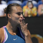 
              Aryna Sabalenka of Belarus reacts after defeating Donna Vekic of Croatia in their quarterfinal match at the Australian Open tennis championship in Melbourne, Australia, Wednesday, Jan. 25, 2023. (AP Photo/Aaron Favila)
            