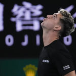 
              Thanasi Kokkinakis of Australia reacts after losing a point to Andy Murray of Britain during their second round match at the Australian Open tennis championship in Melbourne, Australia, Friday, Jan. 20, 2023. (AP Photo/Ng Han Guan)
            