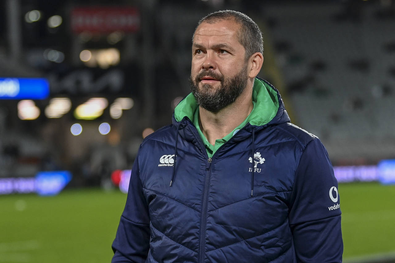 FILE - Ireland head coach Andy Farrell watches his players warm-up ahead of the rugby international...