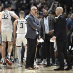 
              UConn head coach Dan Hurley reacts at officials in the first half of an NCAA college basketball game against St. John's, Sunday, Jan. 15, 2023, in Hartford, Conn. (AP Photo/Jessica Hill)
            