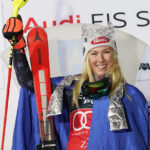 
              The winner United States' Mikaela Shiffrin celebrates after completing an alpine ski, women's World Cup slalom race, in Zagreb, Croatia, Wednesday, Jan. 4, 2023. (AP Photo/Giovanni Auletta)
            