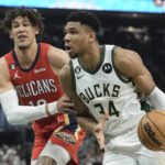 
              Milwaukee Bucks' Giannis Antetokounmpo drives past New Orleans Pelicans' Jaxson Hayes during the first half of an NBA basketball game Sunday, Jan. 29, 2023, in Milwaukee. (AP Photo/Morry Gash)
            