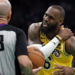
              Los Angeles Lakers' LeBron James (6) argues a call during the first half of the team's NBA basketball game against the Boston Celtics, Saturday, Jan. 28, 2023, in Boston. (AP Photo/Michael Dwyer)
            