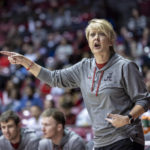 
              Alabama head coach Kristy Curry argues with a referee during the first half of an NCAA college basketball game against South Carolina, Sunday, Jan. 29, 2023, in Tuscaloosa, Ala. (AP Photo/Vasha Hunt)
            