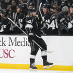 
              Los Angeles Kings' Kevin Fiala (22) celebrates his goal during the first period of an NHL hockey game against the Edmonton Oilers Monday, Jan. 9, 2023, in Los Angeles. (AP Photo/Jae C. Hong)
            