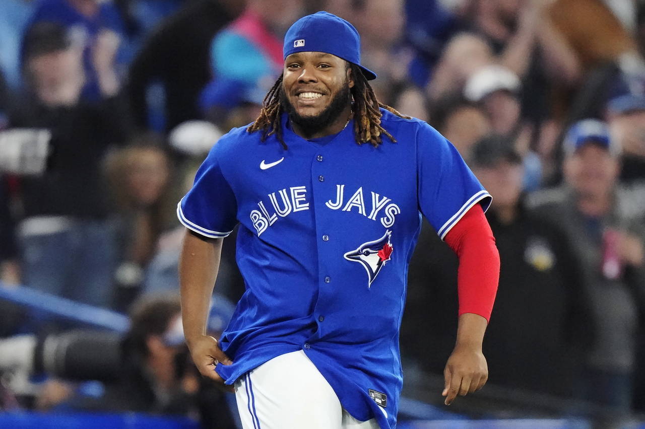 FILE - Toronto Blue Jays' Vladimir Guerrero Jr. celebrates after the team's win over the Tampa Bay ...
