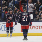 
              Columbus Blue Jackets' Gustav Nyquist celebrates his goal against the San Jose Sharks during the third period of an NHL hockey game on Saturday, Jan. 21, 2023, in Columbus, Ohio. (AP Photo/Jay LaPrete)
            