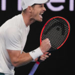 
              Andy Murray of Britain reacts during his first round match against Matteo Berrettini of Italy at the Australian Open tennis championship in Melbourne, Australia, Tuesday, Jan. 17, 2023. (AP Photo/Aaron Favila)
            