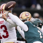 
              Philadelphia Eagles linebacker Haason Reddick, right, causes a fumble by San Francisco 49ers quarterback Brock Purdy during the first half of the NFC Championship NFL football game between the Philadelphia Eagles and the San Francisco 49ers on Sunday, Jan. 29, 2023, in Philadelphia. (AP Photo/Seth Wenig)
            