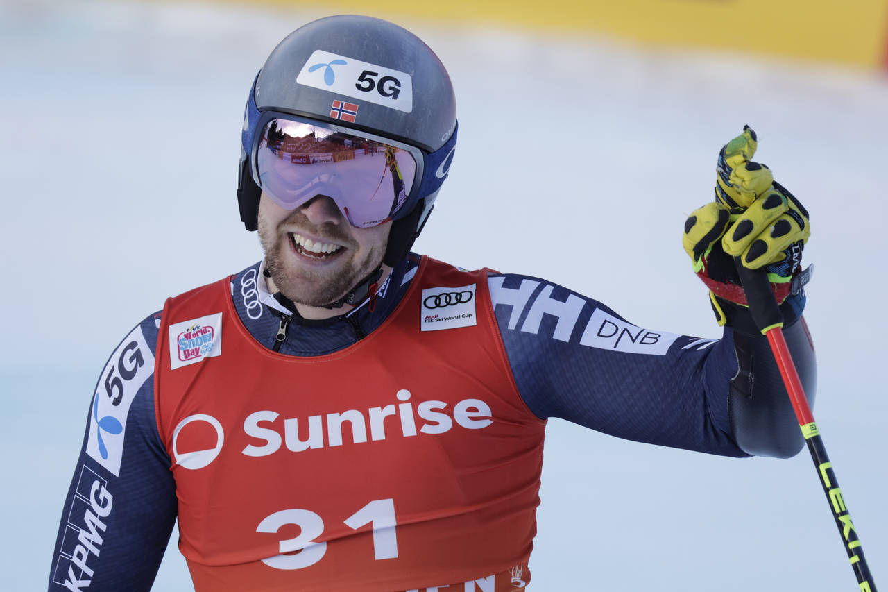 Norway's Aleksander Aamodt Kilde reacts after completing an alpine ski, men's World Cup giant slalo...