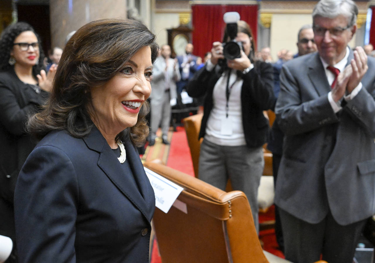 New York Gov. Kathy Hochul arrives to deliver her State of the State address in the Assembly Chambe...