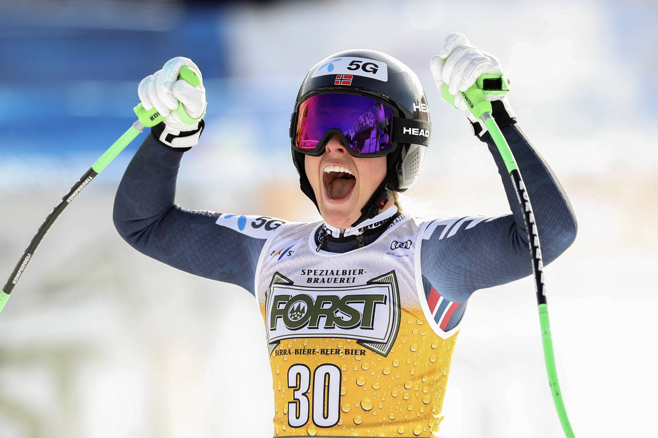 Norway's Kajsa Vickhoff Lie celebrates at the finish area of an alpine ski, women's World Cup downh...