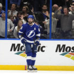 
              Tampa Bay Lightning right wing Nikita Kucherov (86) celebrates after his goal against the Columbus Blue Jackets during the first period of an NHL hockey game Tuesday, Jan. 10, 2023, in Tampa, Fla. (AP Photo/Chris O'Meara)
            