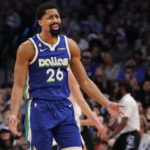 
              Dallas Mavericks guard Spencer Dinwiddie (26) reacts to a call during the fourth quarter of an NBA basketball game against the Washington Wizards in Dallas, Tuesday, Jan. 24, 2023. The Wizards won 127-126. (AP Photo/LM Otero)
            