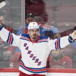 
              New York Rangers' Chris Kreider reacts after scoring against the Montreal Canadiens during the second period of an NHL hockey game in Montreal on Thursday, Jan. 5, 2023. (Graham Hughes/The Canadian Press via AP)
            