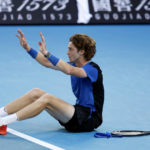 
              Andrey Rublev of Russia reacts after defeating Holger Rune of Denmark in their fourth round match at the Australian Open tennis championship in Melbourne, Australia, Monday, Jan. 23, 2023. (AP Photo/Asanka Brendon Ratnayake)
            