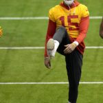 
              Kansas City Chiefs quarterback Patrick Mahomes stretches runs during an NFL football workout Thursday, Jan. 26, 2023, in Kansas City, Mo. The Chiefs are scheduled to play the Cincinnati Bengals Sunday in the AFC championship game. (AP Photo/Charlie Riedel)
            