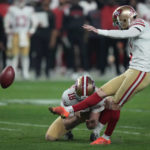 
              San Francisco 49ers place kicker Robbie Gould (9) kicks a 23-yard field goal during overtime in an NFL football game between the San Francisco 49ers and Las Vegas Raiders, Sunday, Jan. 1, 2023, in Las Vegas. The 49ers defeated the Raiders 37-34 in overtime. (AP Photo/John Locher)
            