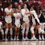 
              Stanford guard Haley Jones (30), front right, celebrates with forward Ashten Prechtel (11), after forward Brooke Demetre (not shown) scored a 3-point basket during the second half of an NCAA college basketball game against Oregon, Sunday, Jan. 29, 2023, in Stanford, Calif. (AP Photo/Josie Lepe)
            