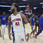 
              Detroit Pistons forward Saddiq Bey (41) celebrates after shooting the game-winning 3-point basket against the Golden State Warriors in an NBA basketball game in San Francisco, Wednesday, Jan. 4, 2023. (AP Photo/Jeff Chiu)
            