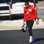 
              Philadelphia Eagles quarterback Jalen Hurts heads to the practice field during NFL football workout, Thursday, Jan. 26, 2023, in Philadelphia. The Eagles are scheduled to play the San Francisco 49ers Sunday in the NFC championship game.(AP Photo/Chris Szagola)
            
