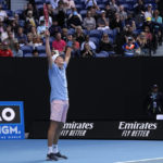 
              Jenson Brooksby of the U.S. celebrates after defeating Casper Ruud of Norway in their second round match at the Australian Open tennis championship in Melbourne, Australia, Thursday, Jan. 19, 2023. (AP Photo/Dita Alangkara)
            