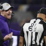 
              Minnesota Vikings head coach Kevin O'Connell argues a call during the second half of an NFL wild card football game against the New York Giants Sunday, Jan. 15, 2023, in Minneapolis. (AP Photo/Bruce Kluckhohn)
            