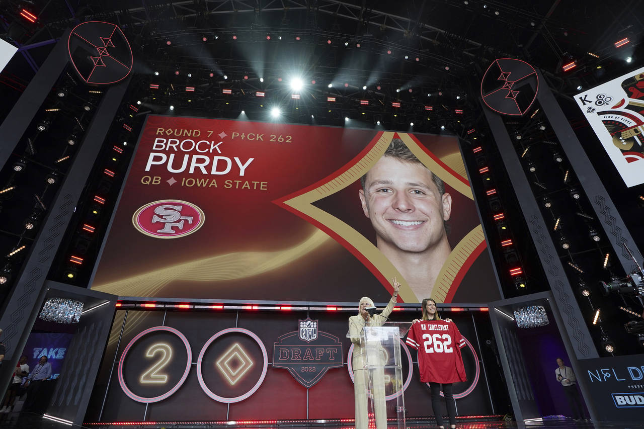 FILE - Iowa State quarterback Brock Purdy gets picked as Mr. Irrelevant by the San Francisco 49ers ...