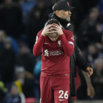 
              Liverpool's Andrew Robertson reacts after the English Premier League soccer match between Brighton and Liverpool at the Falmer Stadium in Brighton, England, Saturday, Jan. 14, 2023. (AP Photo/Frank Augstein)
            