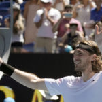 
              Stefanos Tsitsipas of Greece celebrates after defeating Tallon Griekspoor of the Netherlands in their third round match at the Australian Open tennis championship in Melbourne, Australia, Friday, Jan. 20, 2023. (AP Photo/Aaron Favila)
            
