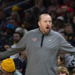 
              New York Knicks coach Tom Thibodeau reacts during the first half of the team's NBA basketball game against the Atlanta Hawks, Friday, Jan. 20, 2023, in Atlanta. (AP Photo/Hakim Wright Sr.)
            