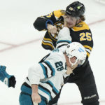 
              San Jose Sharks right wing Timo Meier (28) exchanges blows with Boston Bruins defenseman Brandon Carlo (25) in the first period of an NHL hockey game, Sunday, Jan. 22, 2023, in Boston. (AP Photo/Steven Senne)
            