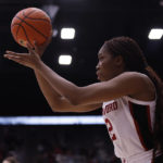 
              Stanford guard Agnes Emma-Nnopu (2) shoots a 3-point basket during the second half of an NCAA college basketball game against Oregon, Sunday, Jan. 29, 2023, in Stanford, Calif. (AP Photo/Josie Lepe)
            