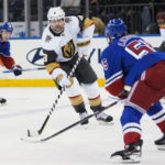 
              Vegas Golden Knights right wing Phil Kessel (8) skates against New York Rangers defenseman Ryan Lindgren (55) during the second period of an NHL hockey game Friday, Jan. 27, 2023, at Madison Square Garden in New York. (AP Photo/Mary Altaffer)
            
