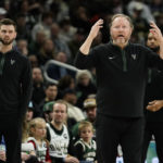 
              Milwaukee Bucks head coach Mike Budenholzer reacts to a call during the second half of an NBA basketball game against the Washington Wizards, Sunday, Jan. 1, 2023, in Milwaukee. (AP Photo/Aaron Gash)
            