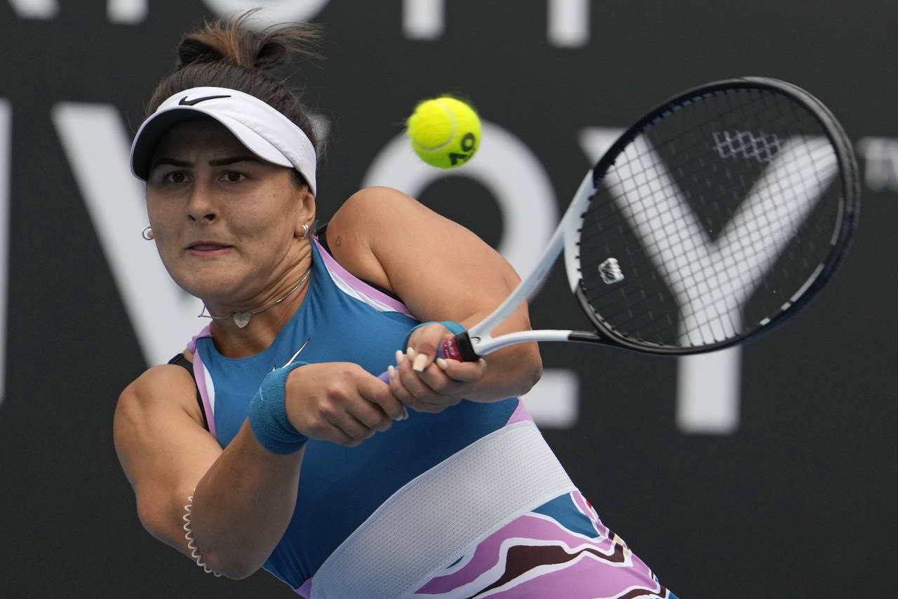 Bianca Andreescu of Canada plays a backhand return to Marie Bouzkova of the Czech Republic during t...
