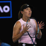 
              Jessica Pegula of the U.S. reacts during her quarterfinal against Victoria Azarenka of Belarus at the Australian Open tennis championship in Melbourne, Australia, Tuesday, Jan. 24, 2023. (AP Photo/Ng Han Guan)
            