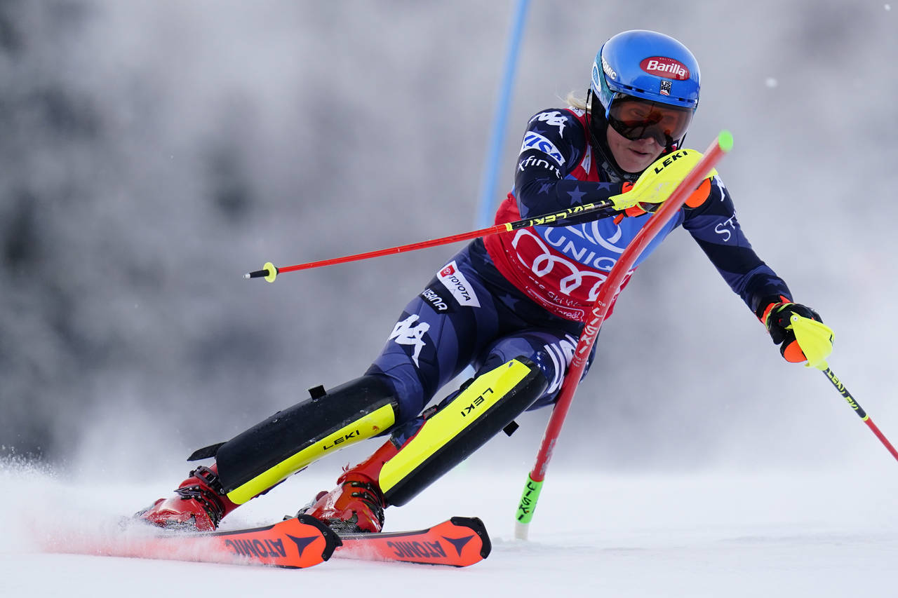 United States' Mikaela Shiffrin speeds down the course during an alpine ski, women's World Cup slal...